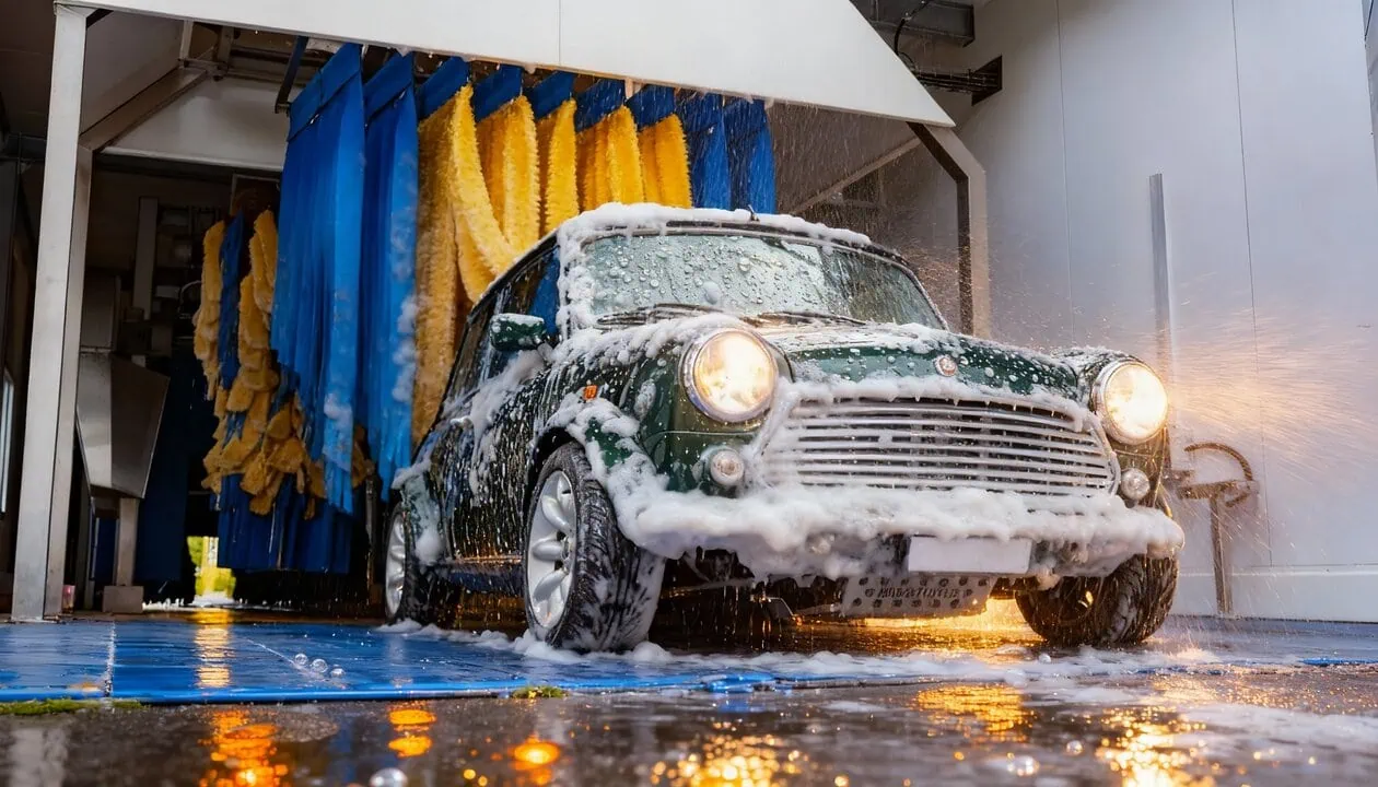 Ein grünes Auto, das mit Seife bedeckt ist, fährt in eine automatische Waschanlage mit blauen und gelben Bürsten ein.