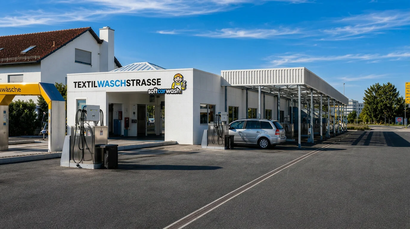 Eine Selbstbedienungs-Autowaschanlage mit leeren Waschplätzen und einem silbernen Auto, das darin geparkt ist. Eine Selbstbedienungs-Autowaschanlage mit leeren Waschplätzen und einem silbernen Auto, das darin geparkt ist.