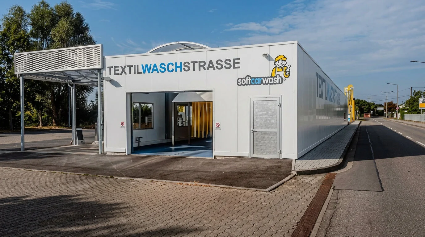 Modernes Gebäude einer Durchfahrtswaschanlage mit der Aufschrift „TEXTILWASCHSTRASSE“ und leeren Fahrspuren. Modernes Gebäude einer Durchfahrtswaschanlage mit der Aufschrift „TEXTILWASCHSTRASSE“ und leeren Fahrspuren.