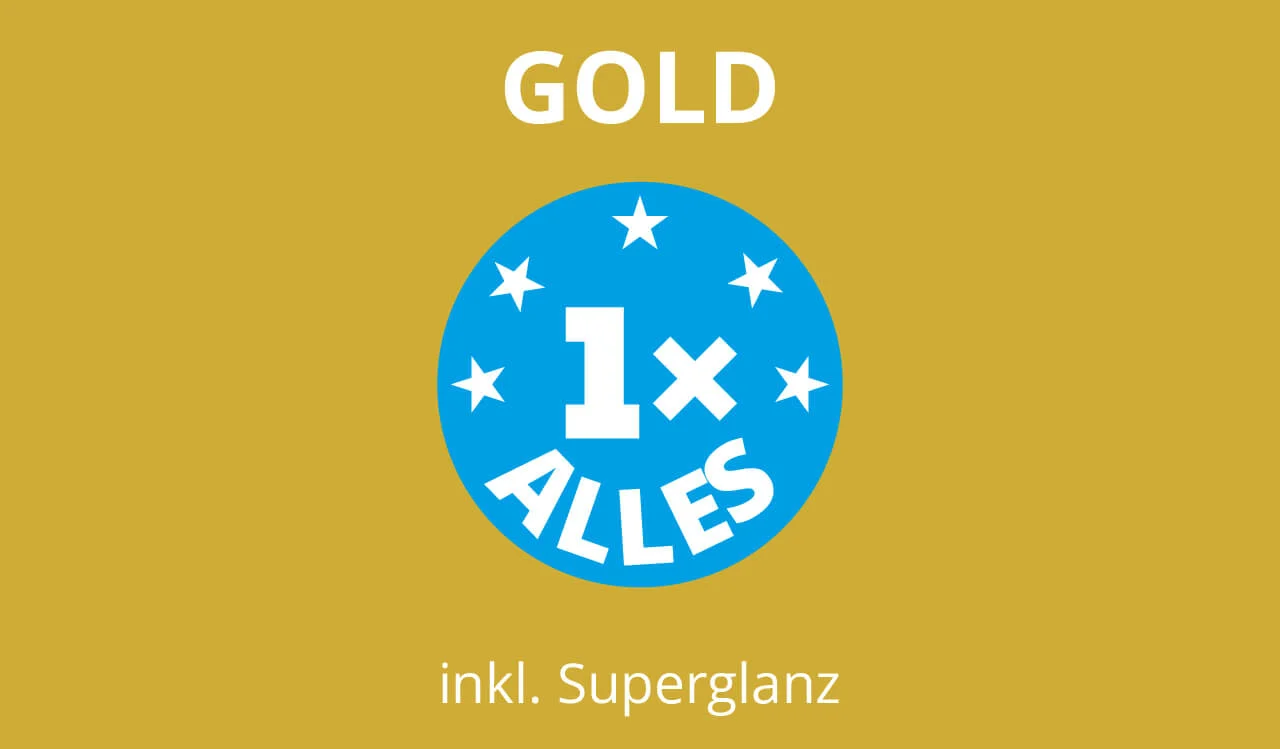 Goldfarbener Hintergrund mit blauem Kreis, weißen Sternen, 1x „ALLES“, inkl. „Superglanz“ und „Waschprogramme“-Text. Goldfarbener Hintergrund mit blauem Kreis, weißen Sternen, 1x „ALLES“, inkl. „Superglanz“ und „Waschprogramme“-Text.