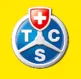 Blaues TCS-Logo mit einem roten Schild mit Schweizer Kreuz auf gelbem Hintergrund.