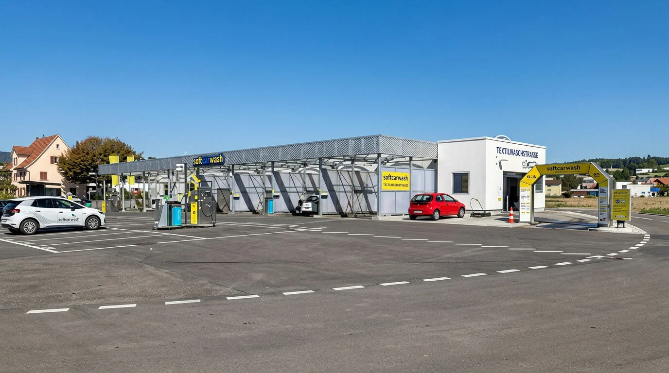Eine Selbstbedienungs-Autowaschanlage im Freien mit mehreren Waschplätzen und zwei geparkten Autos an einem sonnigen Tag. Eine Selbstbedienungs-Autowaschanlage im Freien mit mehreren Waschplätzen und zwei geparkten Autos an einem sonnigen Tag.