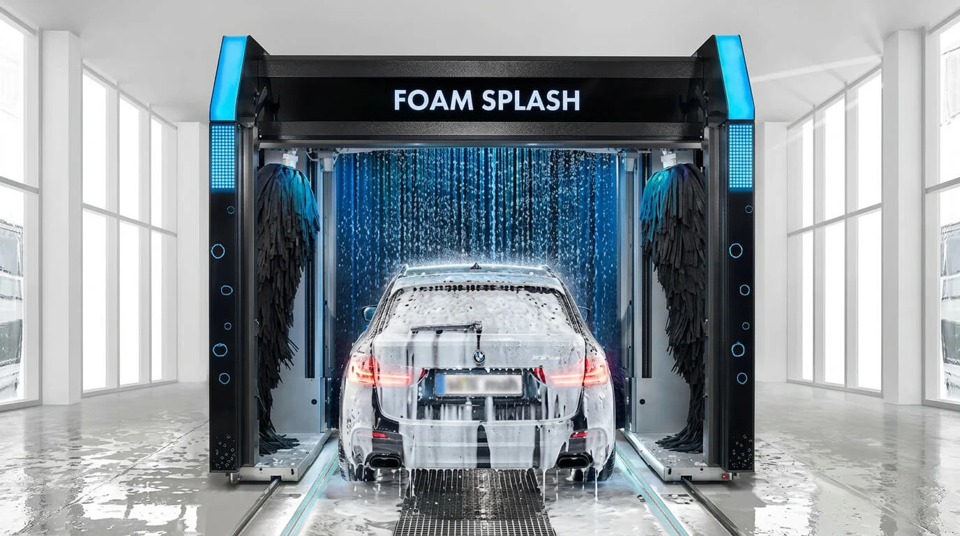 Ein weißes Auto, das in einer automatischen Waschanlage namens „Foam Splash“ mit Schaum bedeckt ist. Ein weißes Auto, das in einer automatischen Waschanlage namens „Foam Splash“ mit Schaum bedeckt ist.