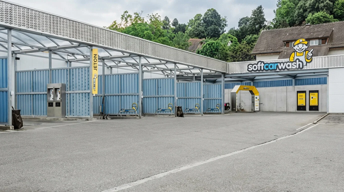 Selbstbedienungs-Autowaschanlage im Freien mit blauen Waschplätzen, gelben Schildern und einem „Soft Carwash“-Schild. Selbstbedienungs-Autowaschanlage im Freien mit blauen Waschplätzen, gelben Schildern und einem „Soft Carwash“-Schild.