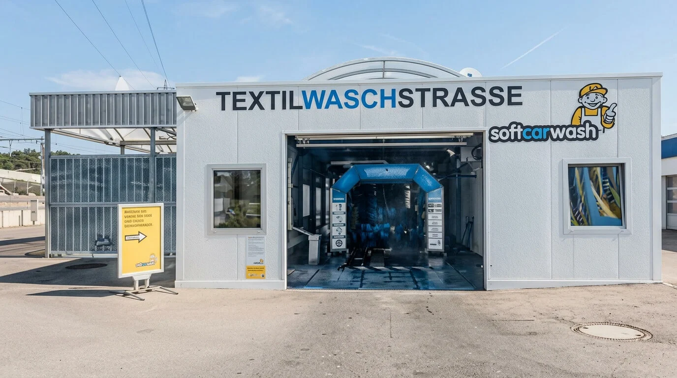 Außenansicht eines Selbstbedienungs-Autowaschgebäudes mit einer blauen automatischen Waschanlage im Inneren. Außenansicht eines Selbstbedienungs-Autowaschgebäudes mit einer blauen automatischen Waschanlage im Inneren.
