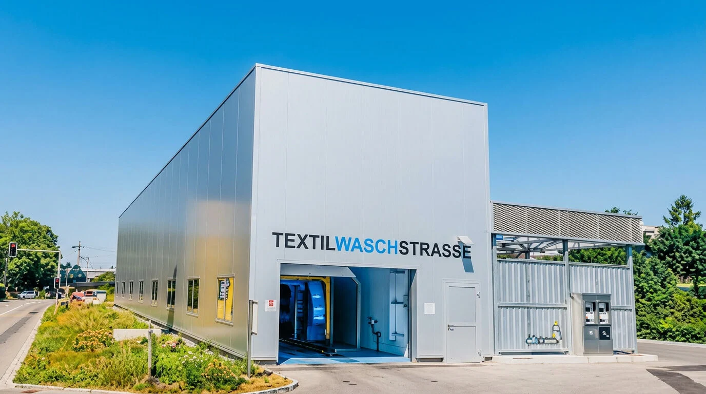 Eine moderne Textilreinigungsanlage in Muri bei Bern mit dem Schriftzug „Textilwaschstrasse“ unter blauem Himmel. Eine moderne Textilreinigungsanlage in Muri bei Bern mit dem Schriftzug „Textilwaschstrasse“ unter blauem Himmel.