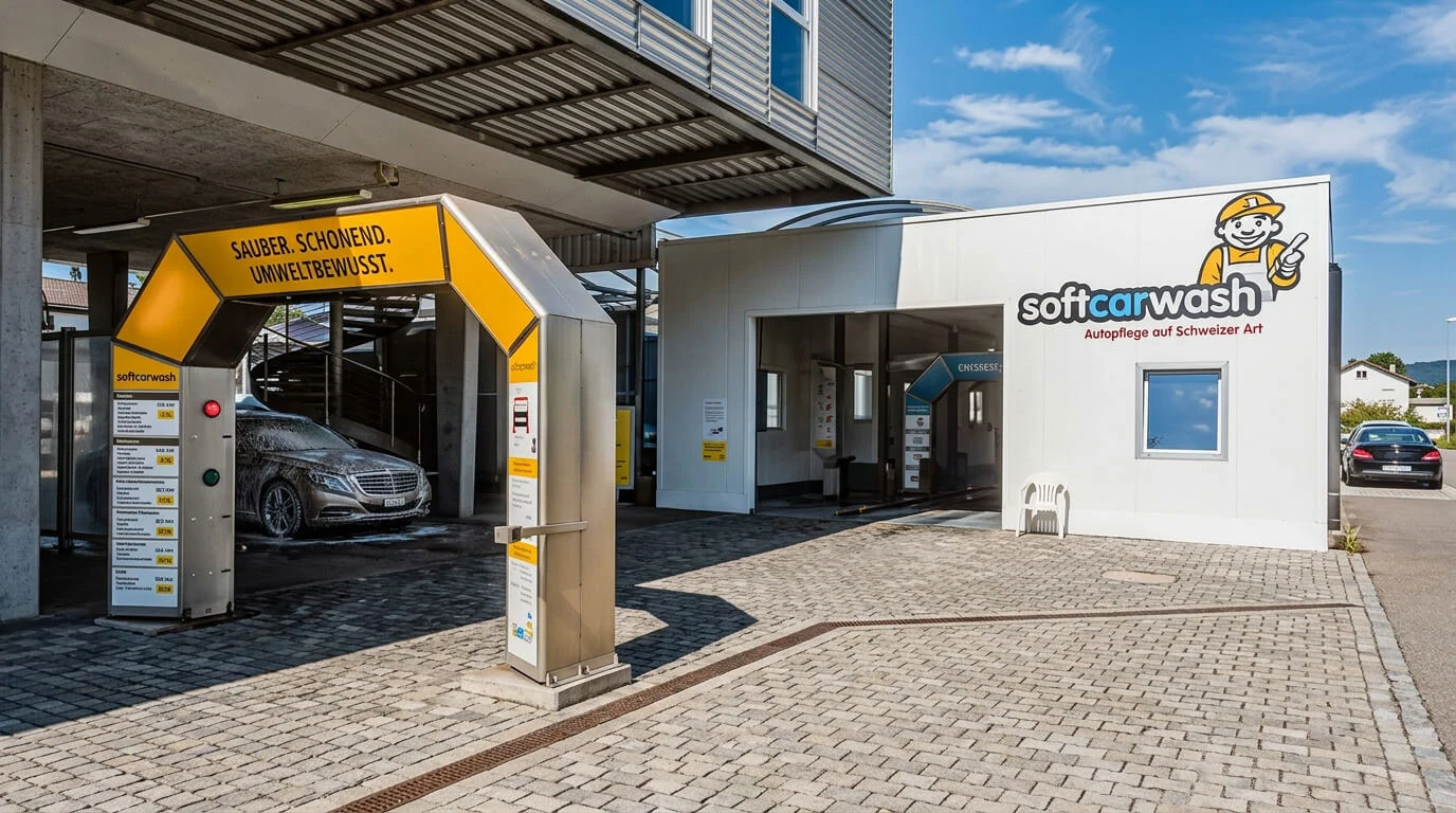 Ein Auto fährt unter einem gelben Torbogen neben einem weißen Gebäude in eine Selbstbedienungs-Softcarwash-Anlage ein. Ein Auto fährt unter einem gelben Torbogen neben einem weißen Gebäude in eine Selbstbedienungs-Softcarwash-Anlage ein.