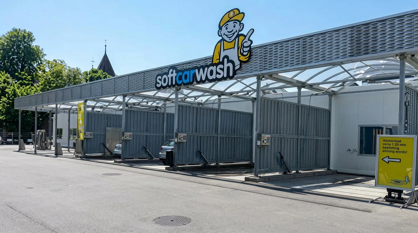 Selbstbedienungs-Autowaschanlage im Freien mit leeren Waschplätzen und einem Schild mit einem Cartoon-Maskottchen darüber. Selbstbedienungs-Autowaschanlage im Freien mit leeren Waschplätzen und einem Schild mit einem Cartoon-Maskottchen darüber.