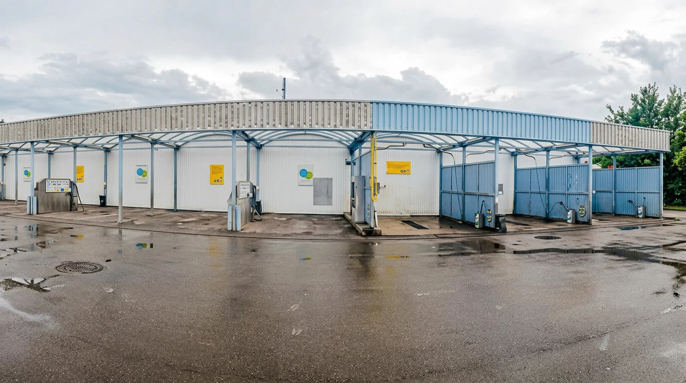 Selbstbedienungs-Autowaschanlage im Freien mit mehreren Waschplätzen und nassem Asphalt unter bewölktem Himmel. Selbstbedienungs-Autowaschanlage im Freien mit mehreren Waschplätzen und nassem Asphalt unter bewölktem Himmel.