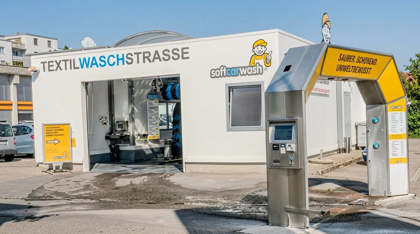 Selbstbedienungs-Autowaschanlage mit einem Zahlungskiosk in Spreitenbach, dahinter ein weißes Gebäude. Selbstbedienungs-Autowaschanlage mit einem Zahlungskiosk in Spreitenbach, dahinter ein weißes Gebäude.