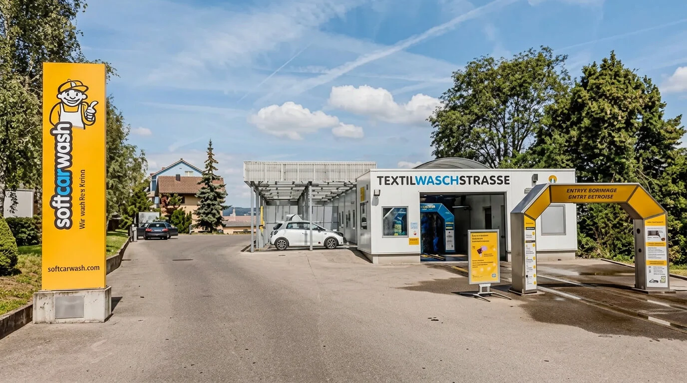 Eine Autowaschanlage mit einem weißen Auto, Schildern und Bäumen im Hintergrund. Eine Autowaschanlage mit einem weißen Auto, Schildern und Bäumen im Hintergrund.