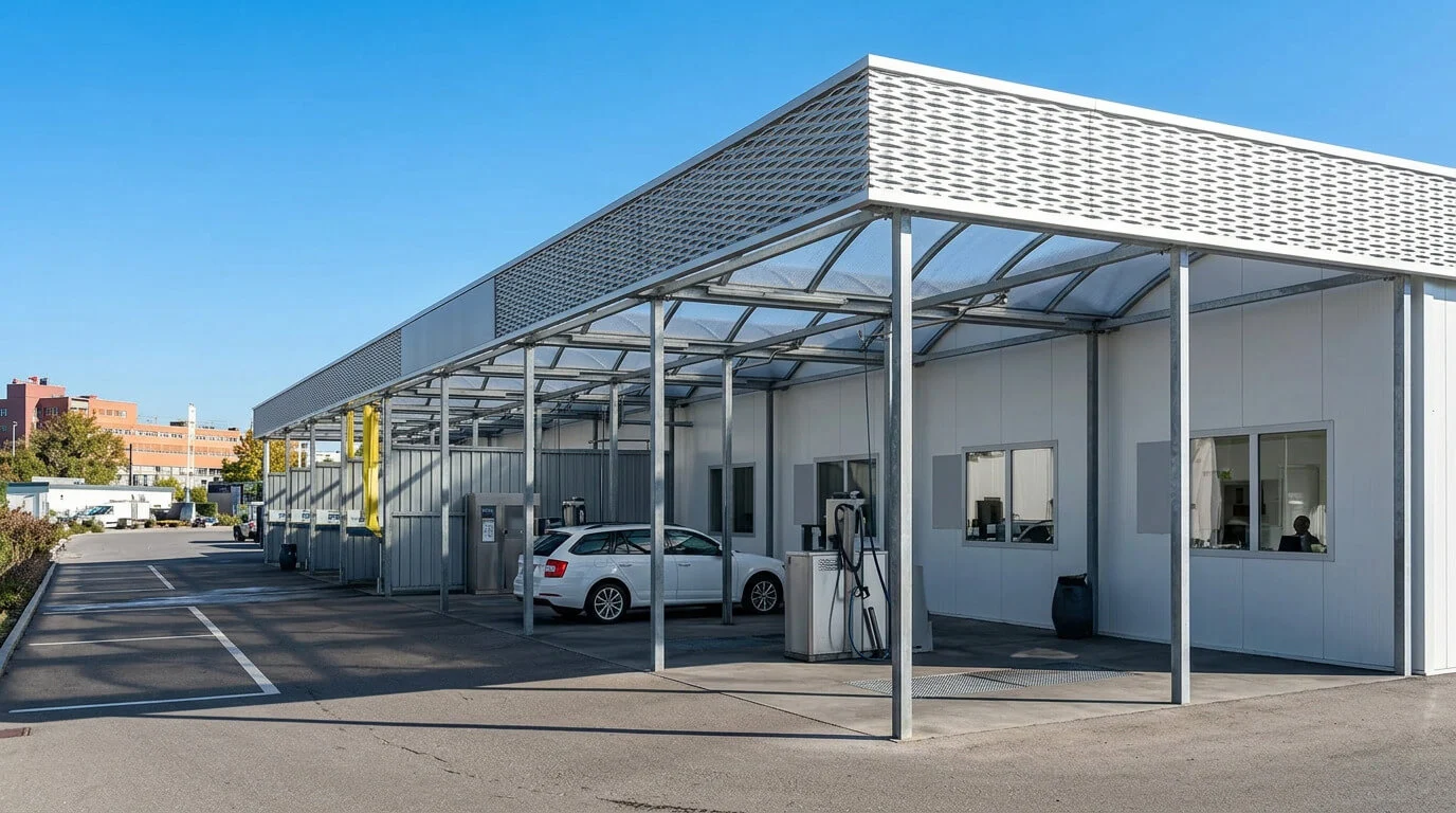 Ein weißes Auto an einer Drive-Through-Autowaschanlage unter einem Metallvordach an einem sonnigen Tag. Ein weißes Auto an einer Drive-Through-Autowaschanlage unter einem Metallvordach an einem sonnigen Tag.