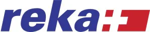 Logo mit dem Wort „reka“ in blauen Buchstaben, gefolgt von roten, stilisierten Formen auf weißem Hintergrund.