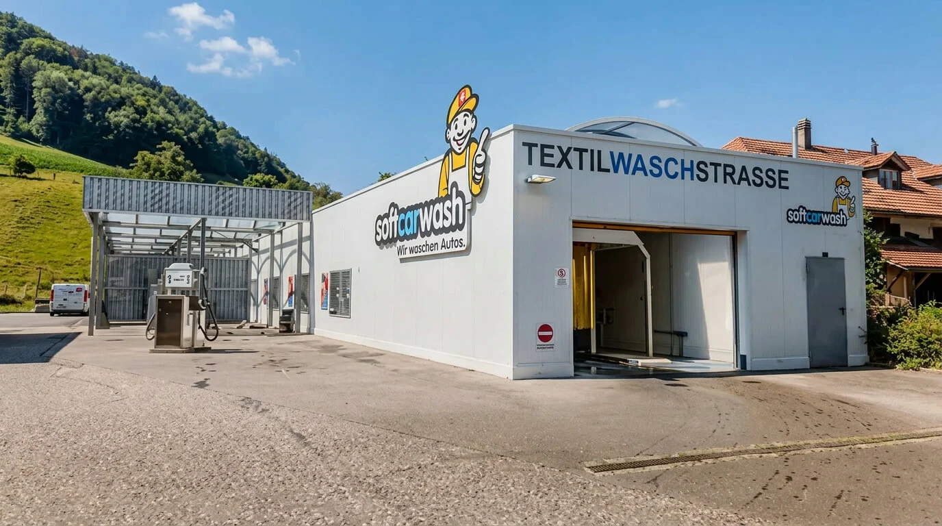 Ein Autowaschgebäude mit der Aufschrift „TEXTILWASCHSTRASSE“ und einem Comic-Maskottchen auf dem Schild. Ein Autowaschgebäude mit der Aufschrift „TEXTILWASCHSTRASSE“ und einem Comic-Maskottchen auf dem Schild.