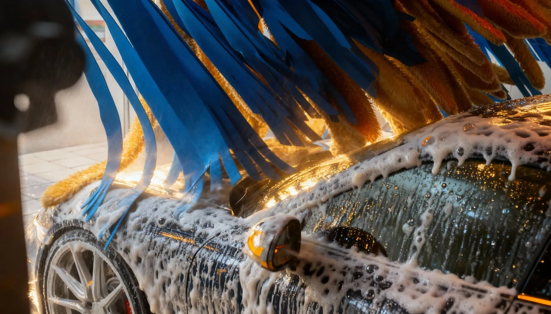 Ein seifiges Auto, das in einer automatischen Waschanlage von sich drehenden blauen und gelben Bürsten gewaschen wird.