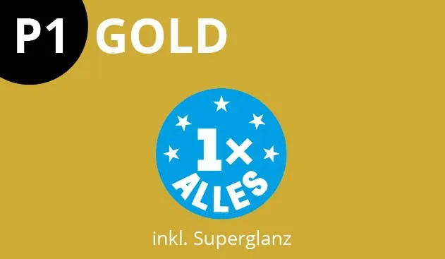 Goldfarbener Hintergrund mit der Aufschrift „P1 GOLD“, blauer Kreis mit der Aufschrift „1x ALLES“, inkl. Superglanz-Waschprogramme. Goldfarbener Hintergrund mit der Aufschrift „P1 GOLD“, blauer Kreis mit der Aufschrift „1x ALLES“, inkl. Superglanz-Waschprogramme.