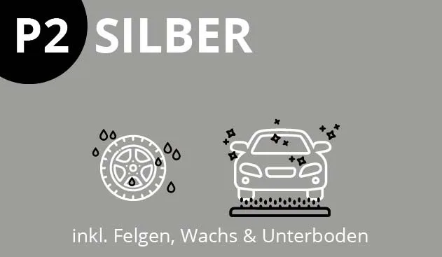 Grauer Hintergrund mit der Aufschrift „P2 SILBER“, „Waschprogramme“ sowie Symbolen eines Autorads und eines blitzsauberen Autos. Grauer Hintergrund mit der Aufschrift „P2 SILBER“, „Waschprogramme“ sowie Symbolen eines Autorads und eines blitzsauberen Autos.