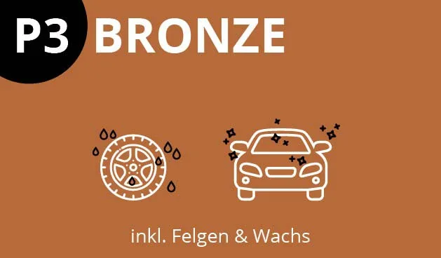 P3 Bronze-Autowaschpaket: Rad- und Auto-Symbole, inklusive Felgen, Wachs und Top-Waschprogramme. P3 Bronze-Autowaschpaket: Rad- und Auto-Symbole, inklusive Felgen, Wachs und Top-Waschprogramme.