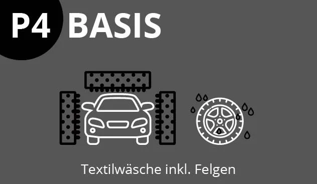 Autowasch-Symbol mit dem Text „P4 BASIS“, darunter „Waschprogramme“ und „Textilwäsche inkl. Felgen“. Autowasch-Symbol mit dem Text „P4 BASIS“, darunter „Waschprogramme“ und „Textilwäsche inkl. Felgen“.